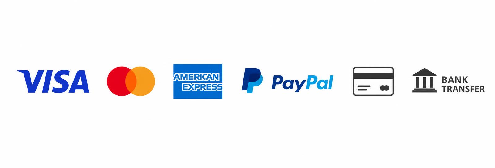 Métodos de pago aceptados: Visa, Mastercard, American Express, PayPal, tarjeta de crédito y transferencia bancaria